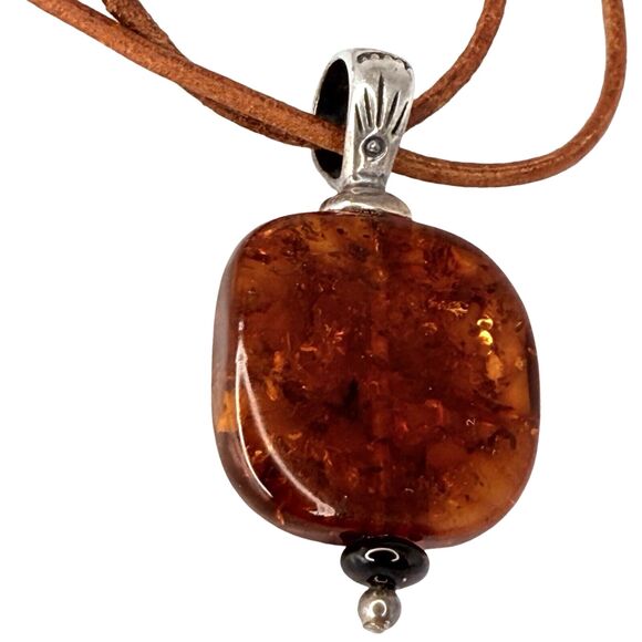 VTG Baltic Amber Pendant Necklace 16" 925 Sterling Silver Leather Thailand - Picture 7 of 13